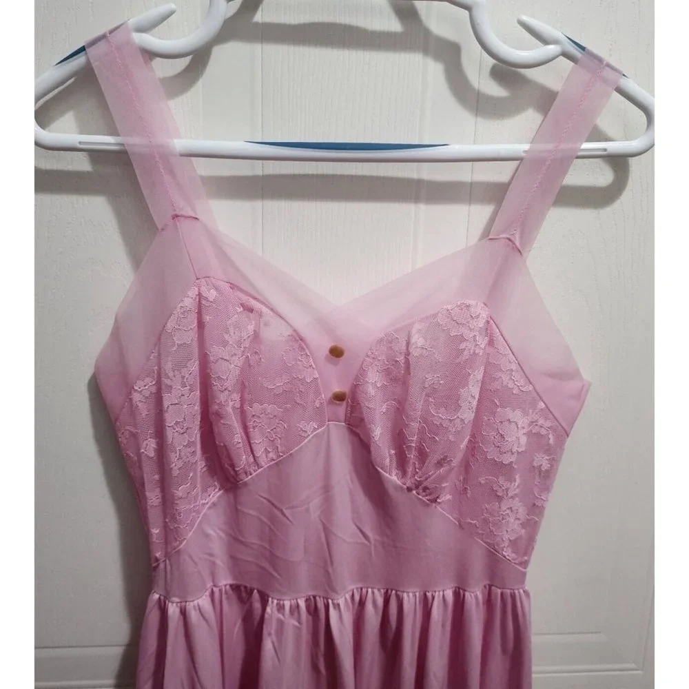 Vintage CAROL BRENT‎ Sleeveless Lingerie Nightgown Dress Lace/Satin Pink Size 34